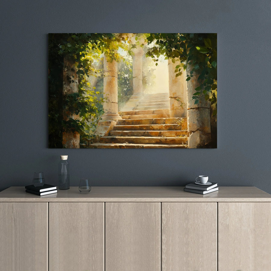 Ancient Stone Stairway Canvas Art | Sunlit Roman Ruins Garden Print | Premium Gallery Wrap Decor | Meditative Landscape Wall Hanging