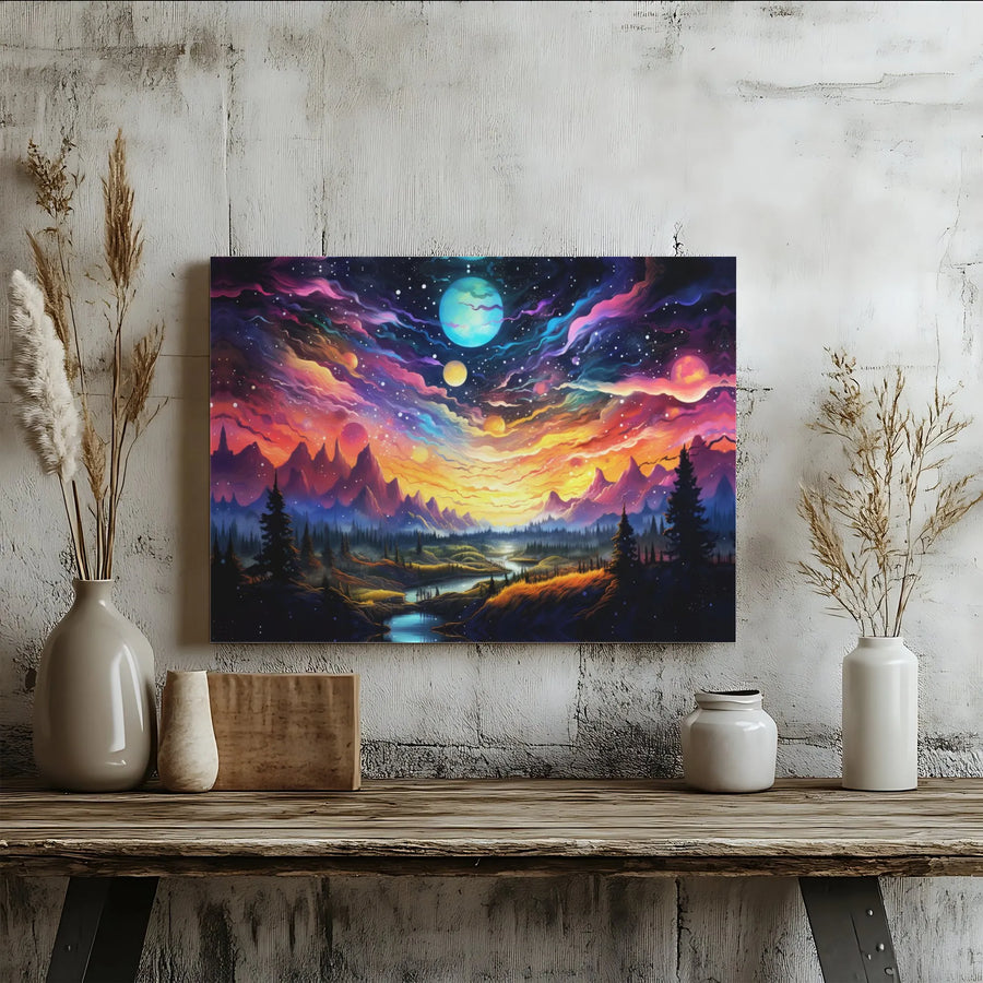 Cosmic Mountain Landscape Canvas | Surreal Alien Planet Wall Art | Gallery Quality Fade-Resistant Print | Large Galaxy Decor Gift for Office