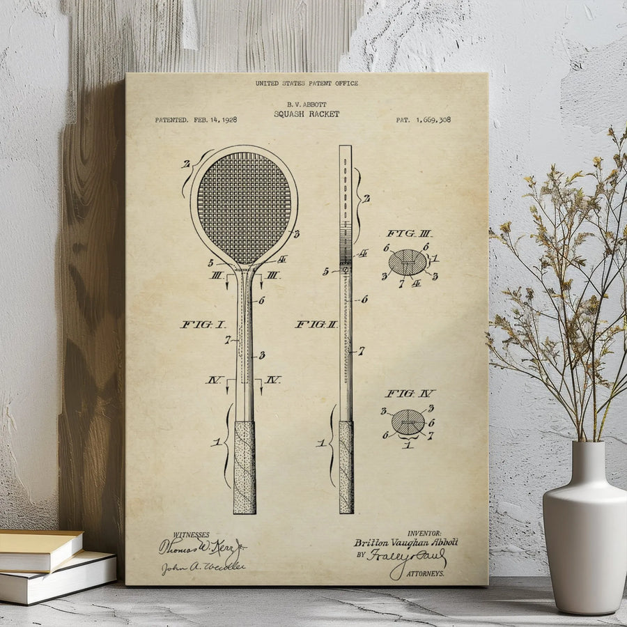 Squash Racket Patent Print | Vintage 1928 Sport Engineering Art | Premium Gallery-Wrapped Canvas | Unique Gift for Squash Players & Coach