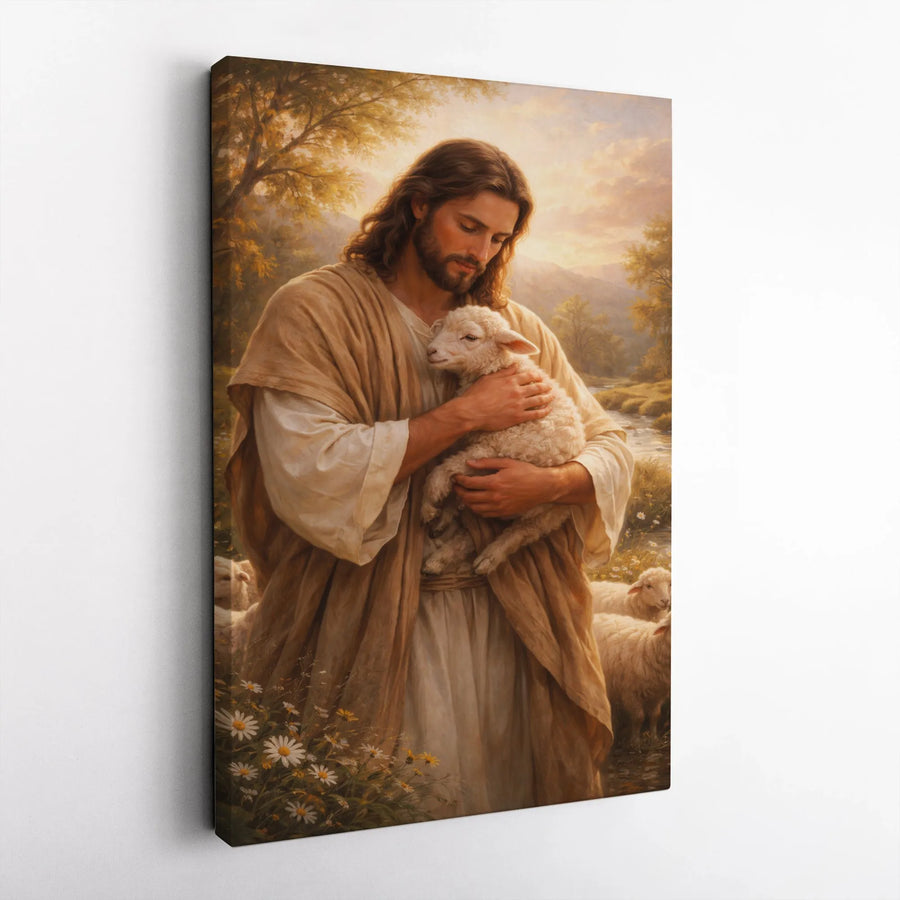 Jesus Christ Holding Lamb Canvas Wall Art | The Good Shepherd Portrait | Premium Thick Canvas | Christian Home Decor Gift