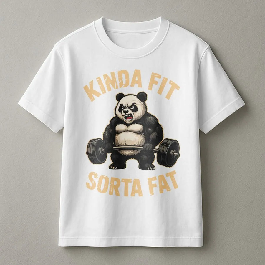 Funny Panda Gym T-Shirt | Kinda Fit Sorta Fat Weightlifting Graphic | Premium Cotton Blend Crewneck | Workout Humor Gift for Lifters