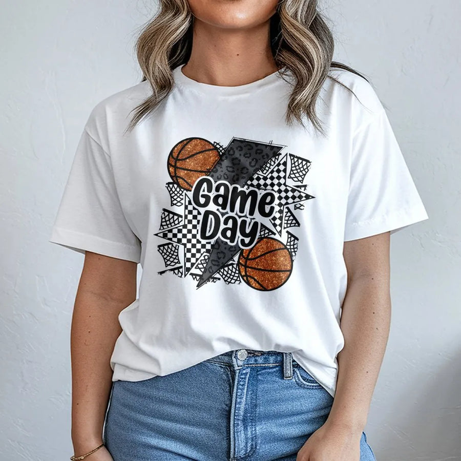 Basketball Game Day T-Shirt | Faux Glitter Sport Design | Premium Soft Cotton Tee | Cute Gift for Basketball Moms & Fans