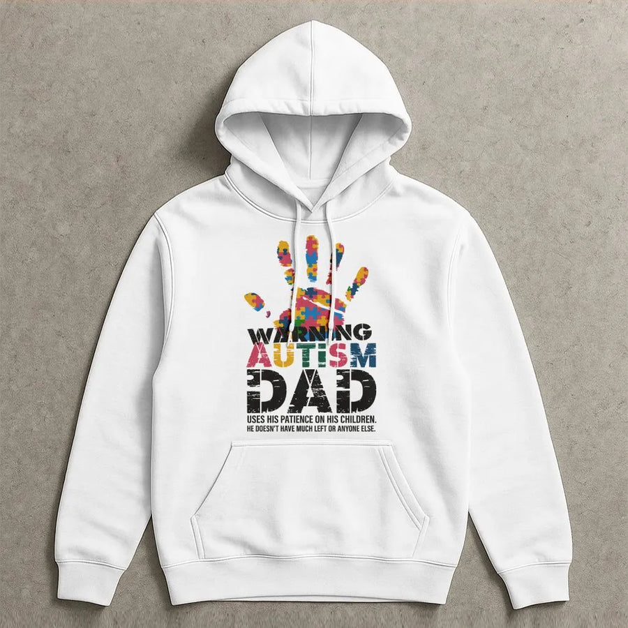Autism Dad Hoodie | Warning Puzzle Handprint Graphic | Premium Cotton Tee | Special Needs Parent Awareness Gift