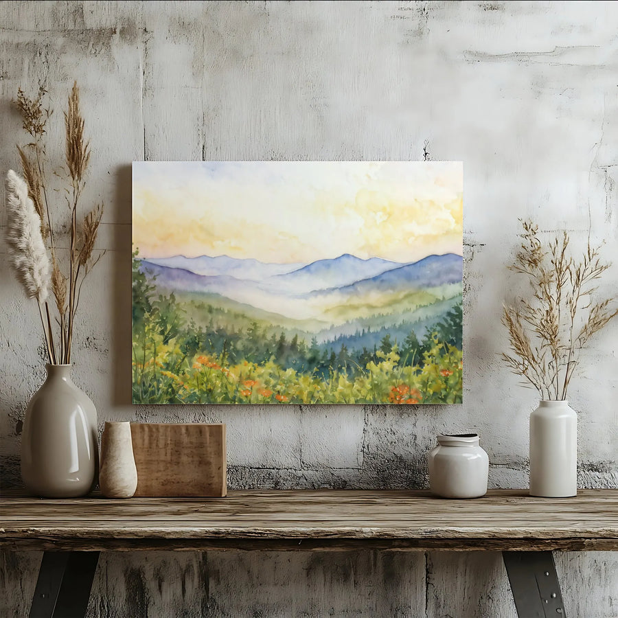 Watercolor Mountain Landscape Canvas | Misty Valley And Wildflower Print | Premium 1.25-Inch Gallery Wrap | Serene Nature Wall Art Decor