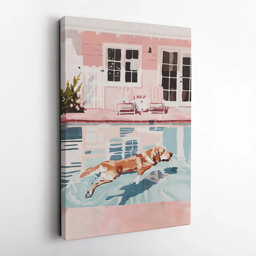 Golden Retriever Pool Art | Aesthetic Pink Summer House Canvas | Premium Fade-Resistant Print | Dog Lover Home Decor Gift