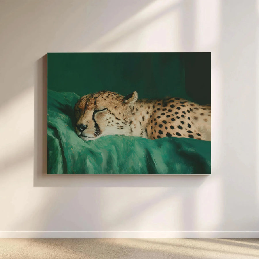 Tranquil Cheetah Canvas Wall Art | Serene Big Cat Portrait in Oil Painting Style | Premium Gallery Print | Moody Emerald Green Decor for Living Room Gift