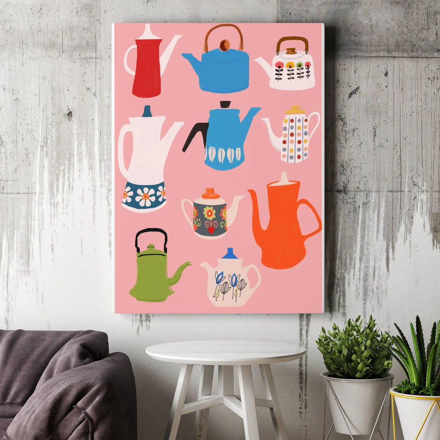 Retro Teapot Collection Canvas | Colorful Kitchen & Dining Room Art | Premium High-Resolution Print | Gift for Tea Lovers & Collectors