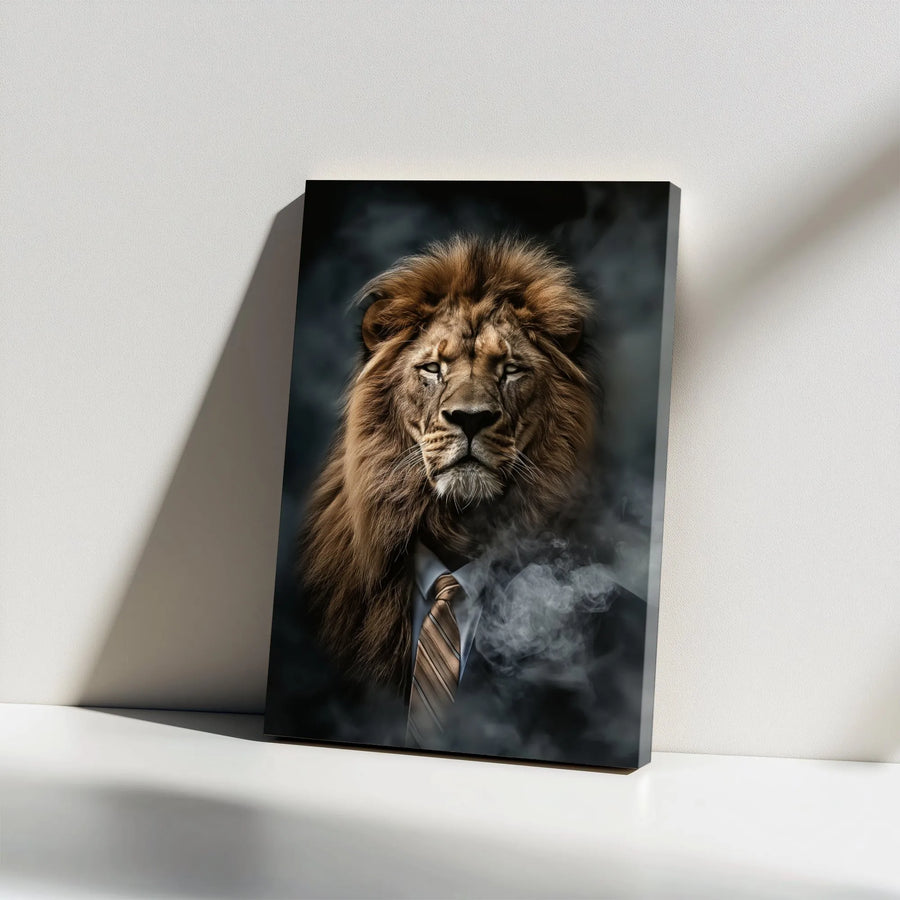 Lion in Suit Canvas Wall Art | Smoking Lion Portrait | Premium Gallery Wrapped Decor | Motivational Office Gift for Men