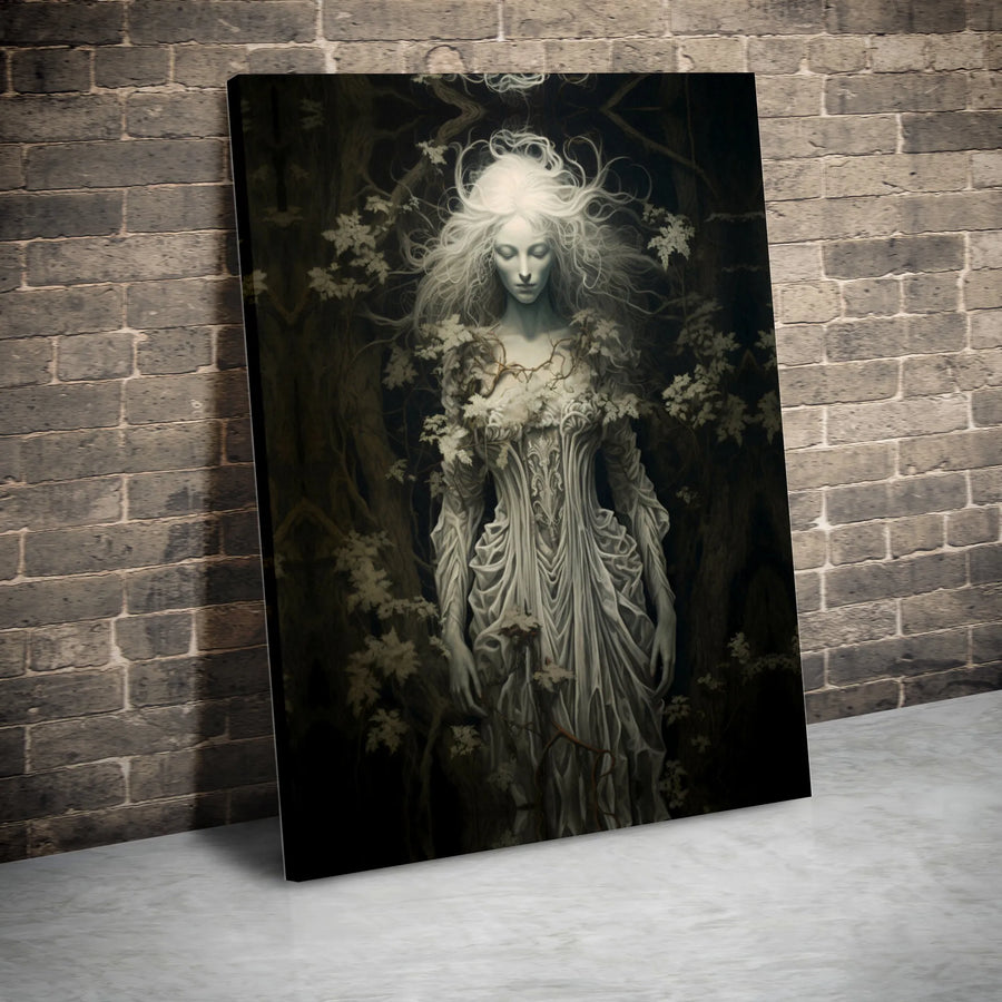 Gothic Forest Spirit Wall Art | Ethereal Woman in Dark Woods | Premium Gallery Wrapped Canvas | Moody Dark Academia Home Decor Gift