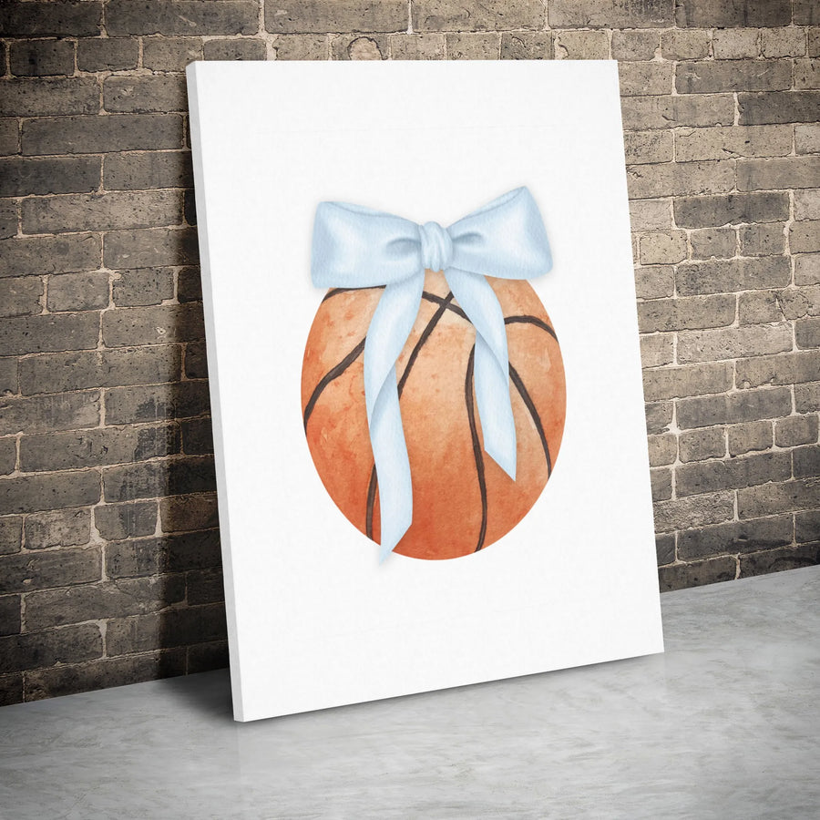 Basketball Wall Art | Watercolor Sport Ball with Blue Bow | Premium Gallery Wrap Canvas | Nursery Sports Decor & Athlete Gift
