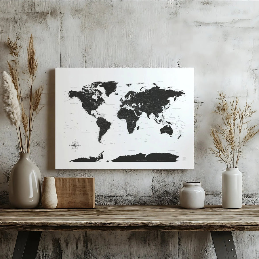 Black and White World Map Canvas Art | Modern Minimalist Geographic Print | Premium Fade-Resistant Gallery Wrap | Large Wall Decor for Office or Home