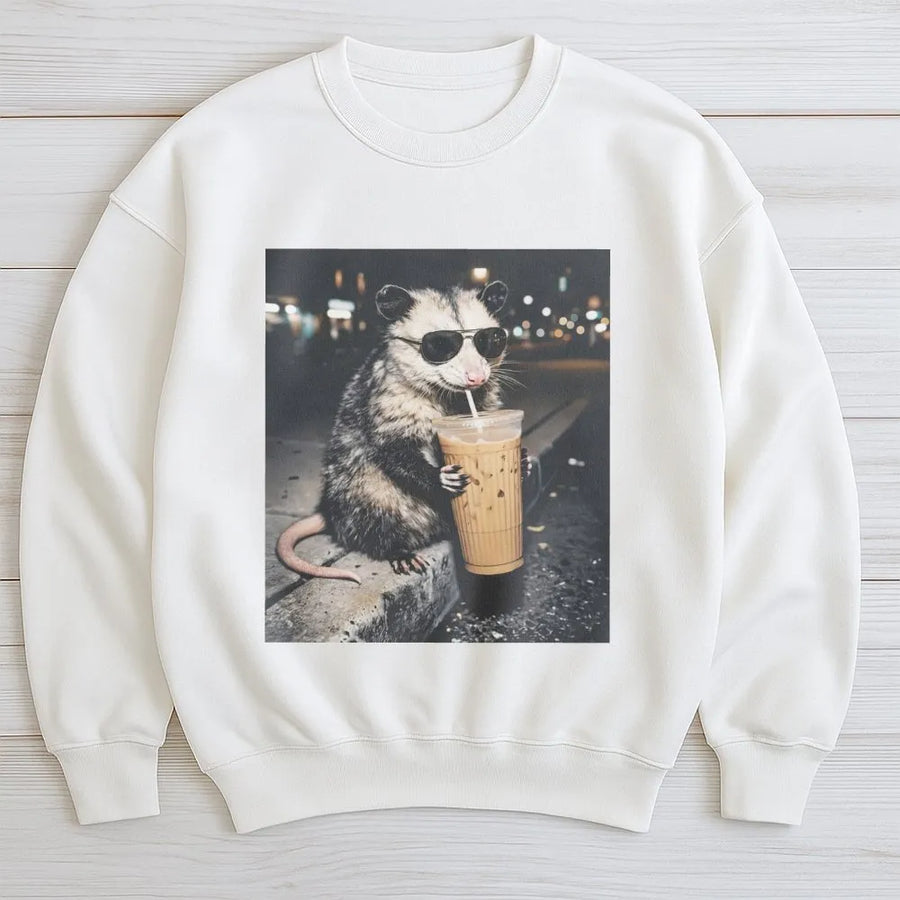Funny Opossum Meme Sweatshirt | Possum Drinking Iced Coffee Graphic | Cozy Unisex Crewneck | Vintage 90s Streetwear Gift for Animal Lovers