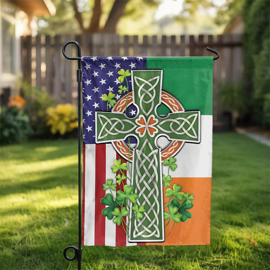 Irish American Garden Flag | Celtic Cross and Shamrock Design | Weather-Resistant Polyester | St. Patricks Day Outdoor Decor Gift