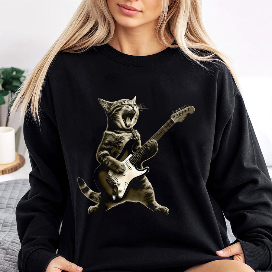 Rock Cat Sweatshirt | Funny Guitar Playing Kitty Graphic | Premium Cotton Blend | Music Lover Gift For Men And Women