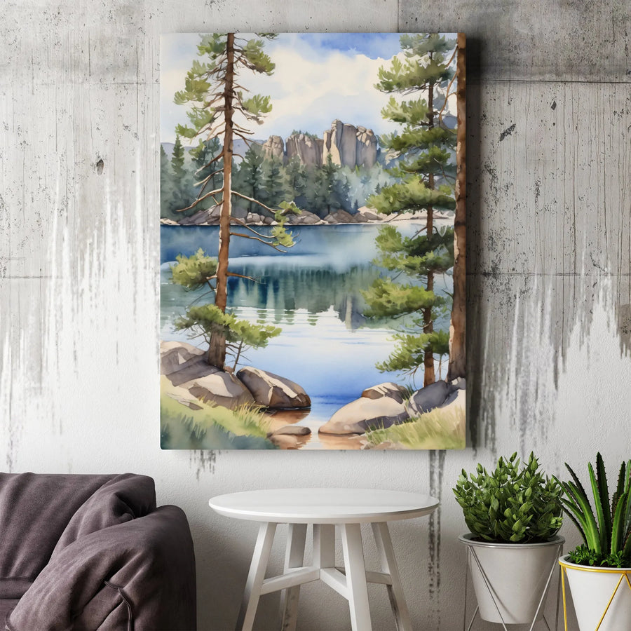 Mountain Lake Canvas Wall Art | Watercolor Pine Forest Landscape | Premium Gallery Wrapped Canvas | Rustic Cabin Decor Gift for Nature Lovers