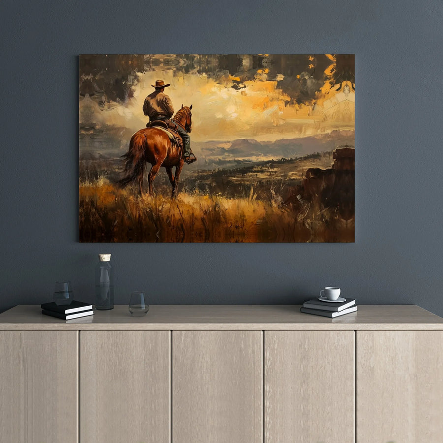 Lone Cowboy Canvas Wall Art | Western Horse Landscape Painting | Premium Gallery Wrap 1.25 Inch | Rustic Home Decor Gift for Him
