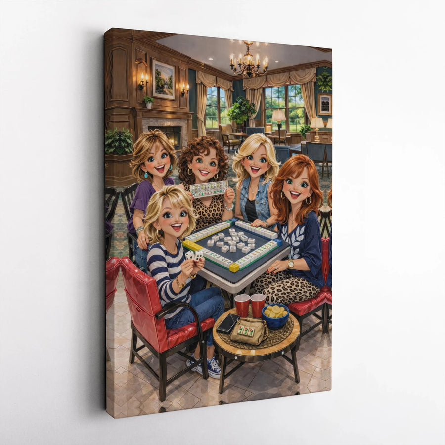 Mahjong Night Canvas Wall Art | Illustrated Women's Game Night Scene | Premium Gallery Wrap Print | Gift for Mahjong Player & Game Room Decor
