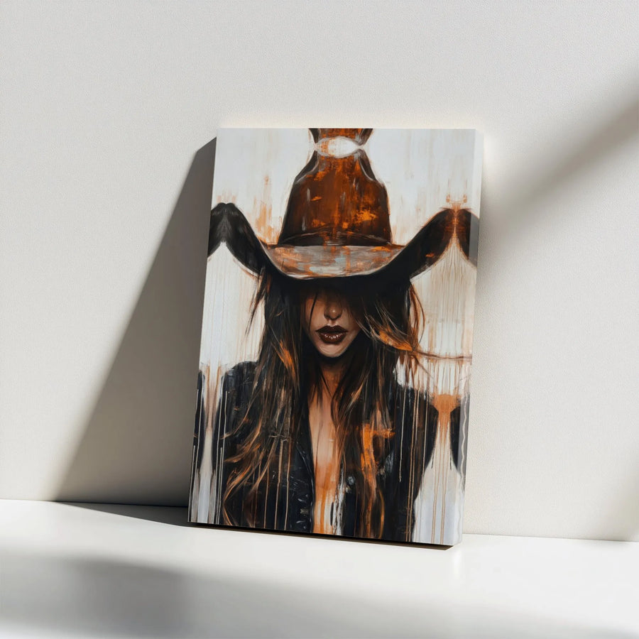 Cowgirl Abstract Canvas Wall Art | Western Portrait with Cowboy Hat | Gallery Wrapped Premium Print | Modern Farmhouse Home Decor Gift