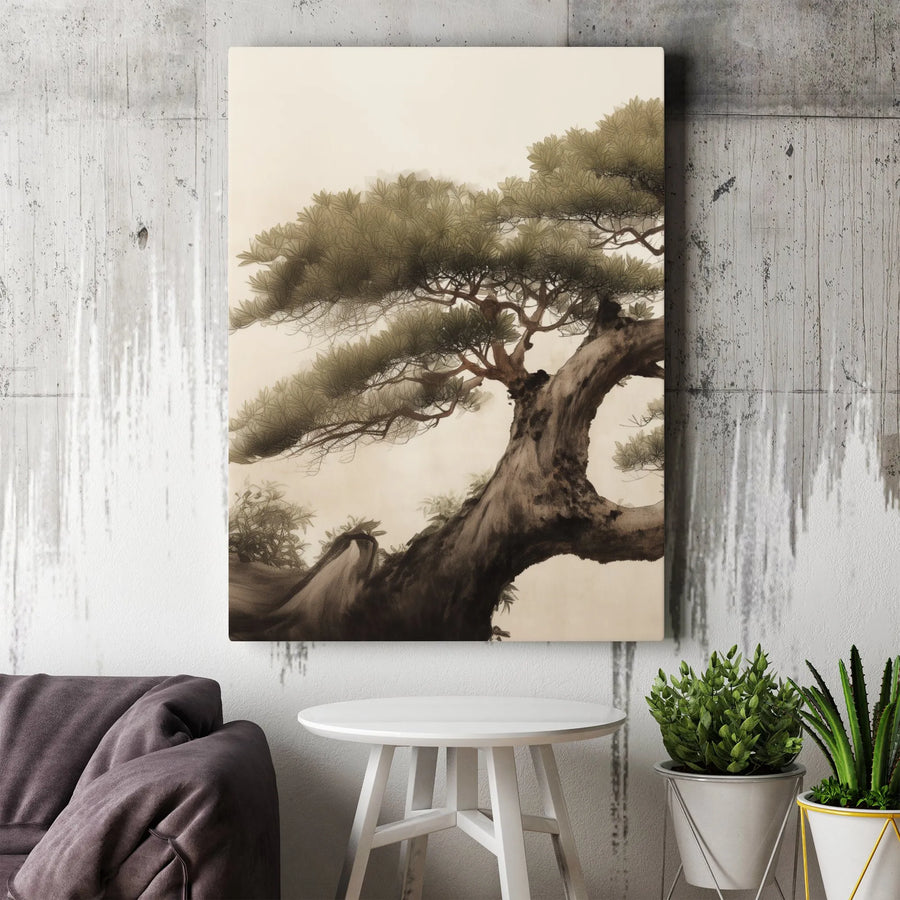 Japanese Pine Tree Canvas Art | Traditional Ink Wash Sumi-e Print | Premium Gallery Wrap Decor | Minimalist Zen Wall Art for Home or Office Gift