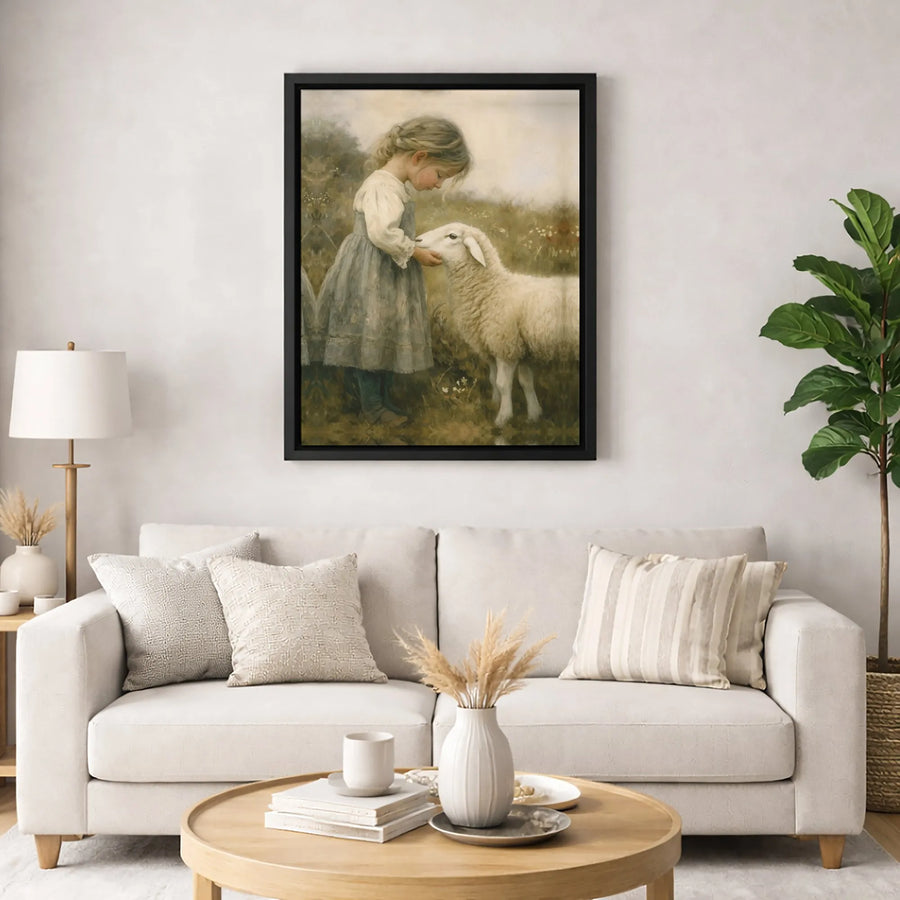 Girl With Lamb Oil Painting Print | Vintage Farmhouse Wall Art | Premium Gallery Wrapped Canvas | Farmhouse Nursery Decor Gift