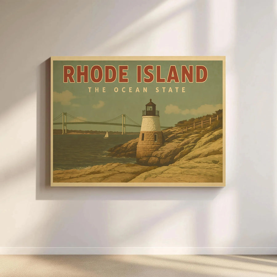 Rhode Island Wall Art Canvas | Vintage Lighthouse & Bridge Illustration | Premium 1.25" Gallery Wrap | Coastal Decor Gift for Ocean Lovers