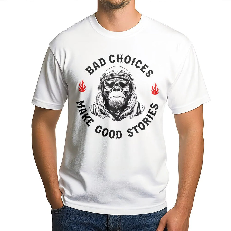 Bad Choices Make Good Stories T-Shirt | Biker Ape Graphic Print | Premium Soft Cotton Unisex Tee | Funny Adventure Gift for Men and Women
