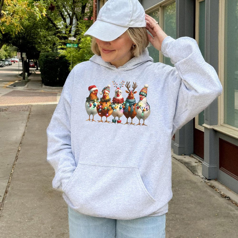 Christmas Chicken Hoodie | Funny Farm Animal Holiday Lights Graphic | Soft Cotton-Poly Blend | Cozy Winter Gift for Chicken Lovers