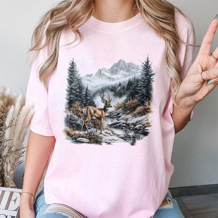 Whitetail Deer Mountain T-Shirt | Snowy Forest Winter Nature Graphic | 100% Cotton Premium Tee | Wildlife Gift for Outdoorsmen and Hikers