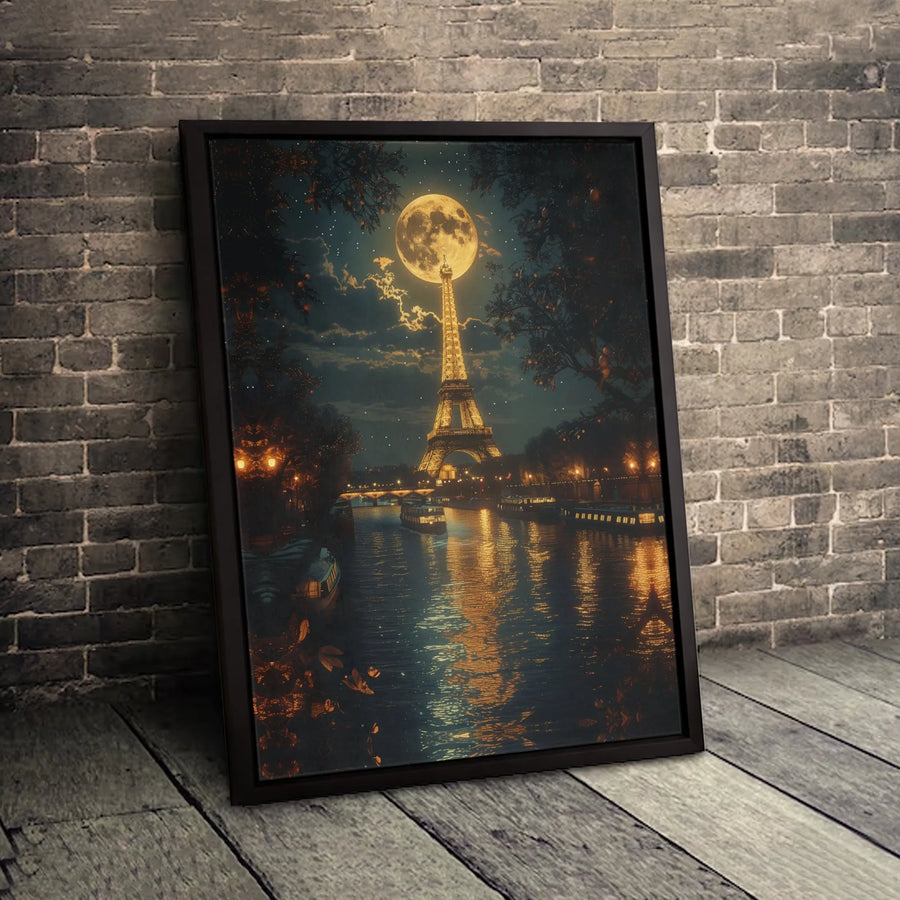 Eiffel Tower Canvas Art | Paris Night Seine River Moon Print | 1.25 Inch Premium Gallery Wrap | Romantic Travel Decor Wall Hanging