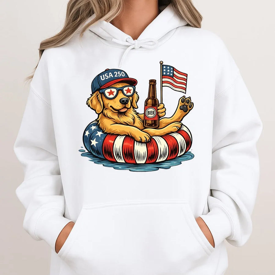 Patriotic Dog Hoodie for 4th of July | Funny Golden Retriever with Beer & Flag | Soft Cotton Unisex Tee | Independence Day Gift for Dog Lovers