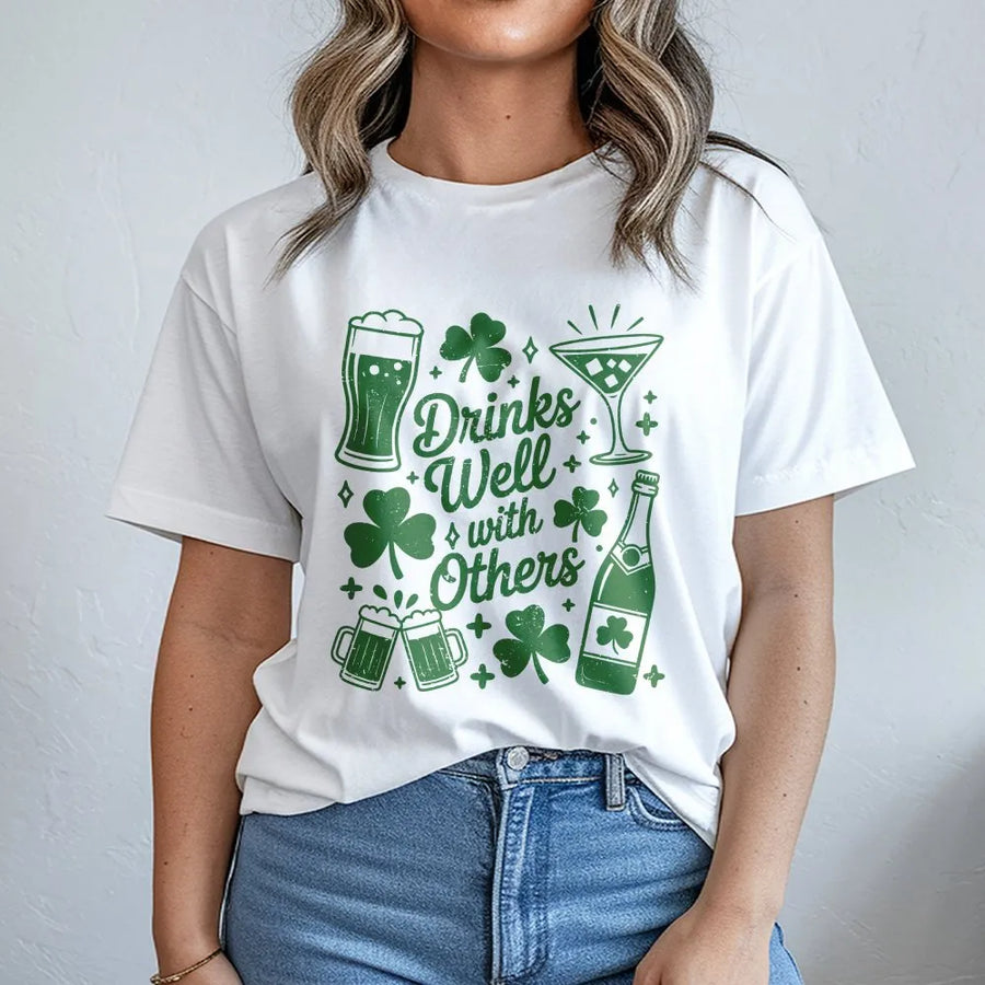 Funny St Patricks Day T-Shirt | Drinks Well With Others Graphic | Cozy Crewneck Pullover | Unisex Irish Pub Crawl Gift