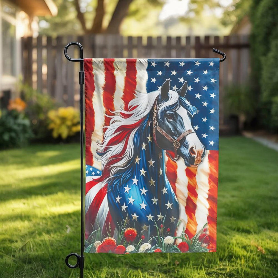 American Horse Garden Flag | Patriotic Stars and Stripes Animal Art | Premium Weather-Resistant Polyester | Outdoor Yard Decor Gift
