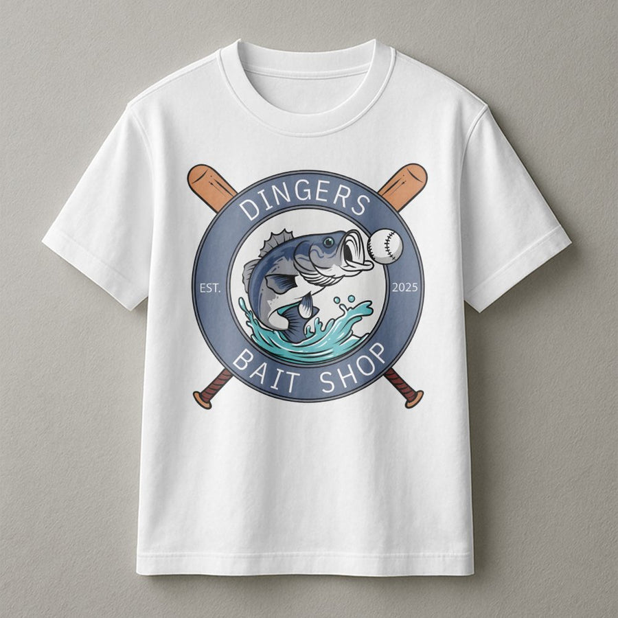 Dingers Bait Shop T-Shirt | Funny Bass Fishing Baseball Graphic | Premium Cotton Unisex Tee | Unique Fisherman Gift for Dad or Baseball Player