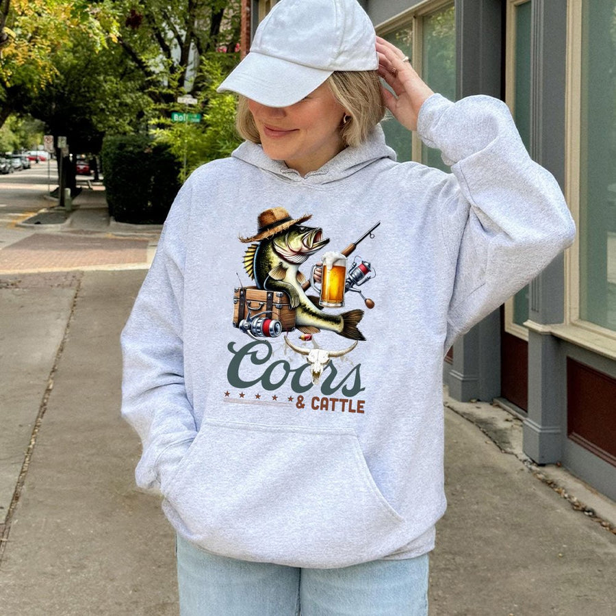 Coors Hoodie, Beer Fishing Hoodie For Men, Coors And Cattle Country Western Hoodie, Bass Fishing Graphic With Cowboy Cattle