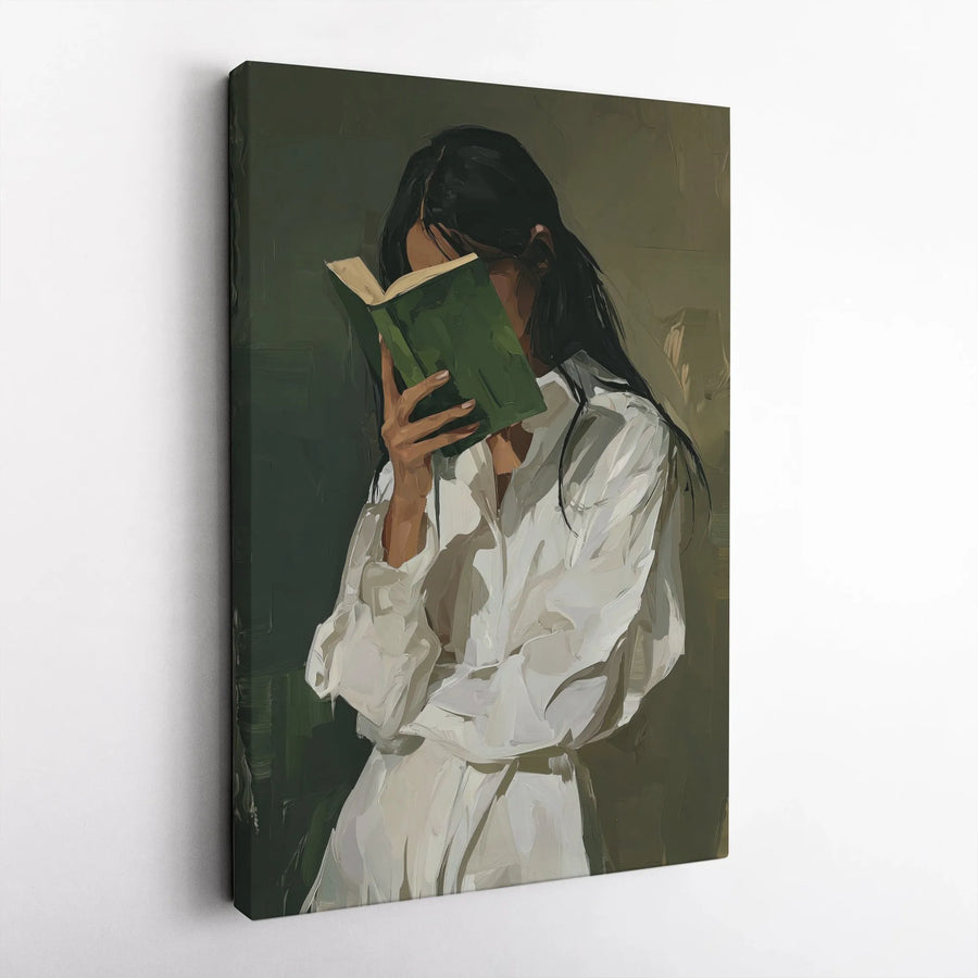Woman Reading Book Vertical Canvas | Dark Academia Aesthetic Wall Art | Premium Thick Gallery Wrap | Gift for Book Lovers and Readers