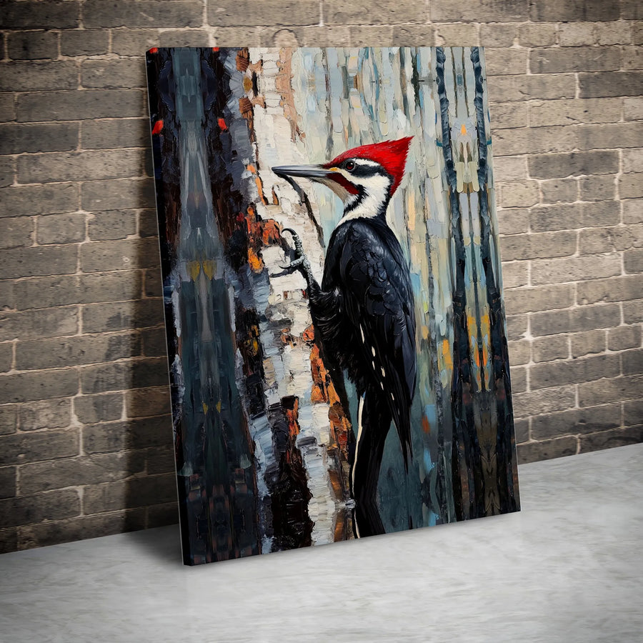 Pileated Woodpecker Wall Art | Oil Painting Style Bird Print | 1.25 Inch Gallery Wrapped Canvas | Wildlife Decor For Nature Lovers