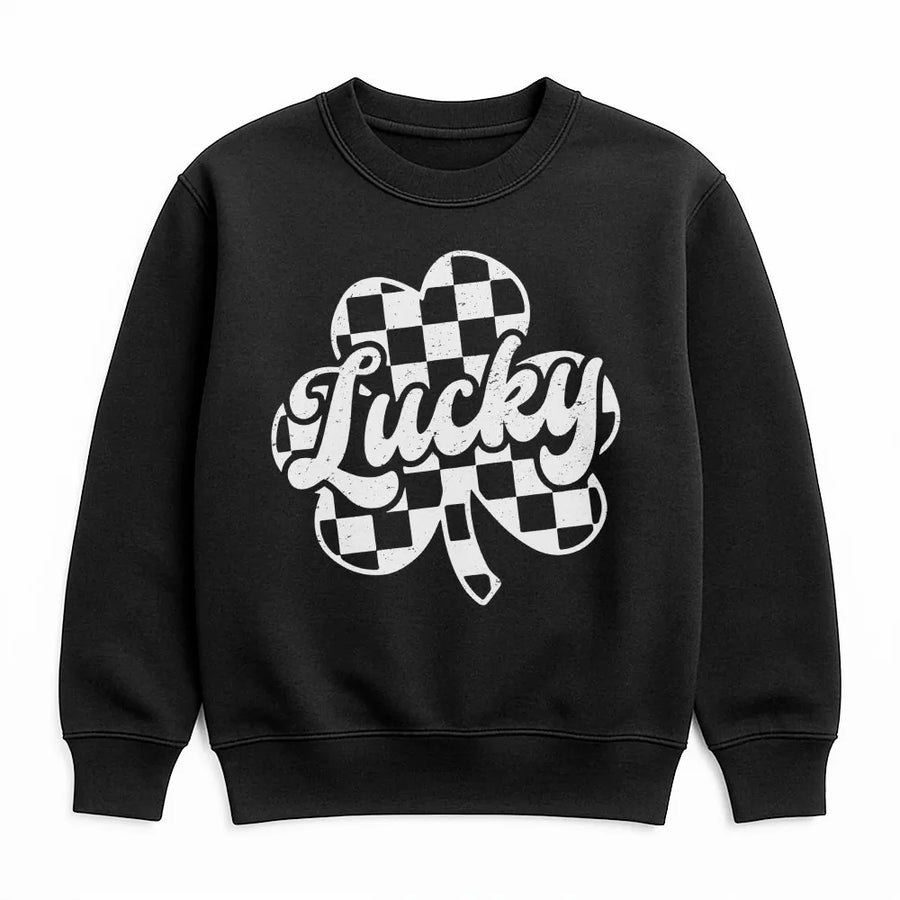 Lucky St Patrick's Day Sweatshirt | Checkerboard Shamrock Graphic Print | Premium Cotton Blend Crewneck | Unisex Festive Gift for Men and Women