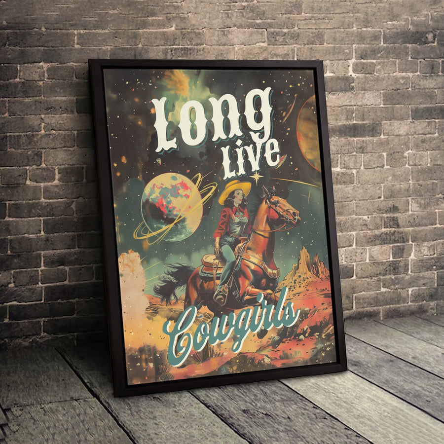 Long Live Cowgirls Wall Art | Retro Space Western Aesthetic Print | Premium Gallery Wrapped Canvas | Western Decor Gift for Cowgirl Lovers