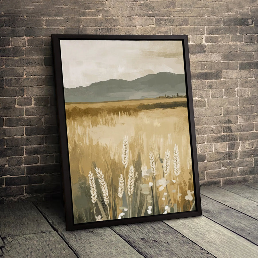 Golden Wheat Field Canvas Wall Art | Abstract Mountain Landscape Print | Premium 1.25 Inch Gallery Wrap | Modern Farmhouse Home Decor