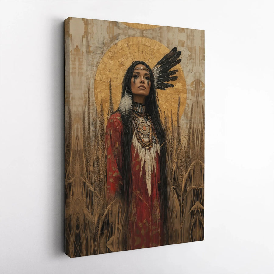 Native American Woman Canvas Wall Art | Golden Halo Wheat Field Print | Gallery-Quality 1.25" Framed Canvas | Southwestern Home Decor Gift