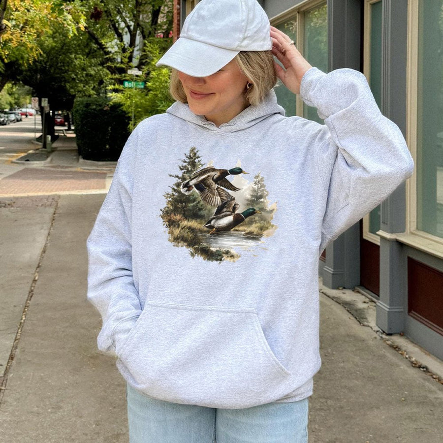 Mallard Duck Hoodie | Vintage Watercolor Wildlife Nature Print | Soft Cotton Blend Pullover | Outdoorsman Hunting Gift for Him and Her