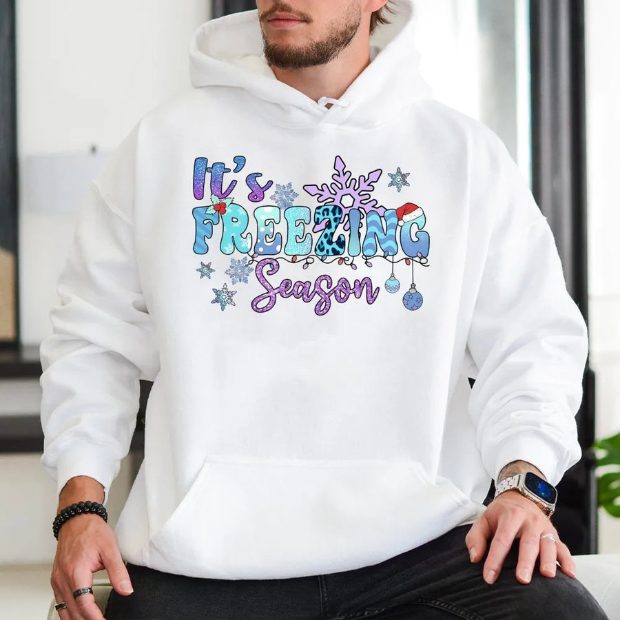 It’s Freezing Season Hoodie | Snowflake Christmas Graphic Print | Premium Cotton-Blend Fleece | Cozy Winter Holiday Gift For Family