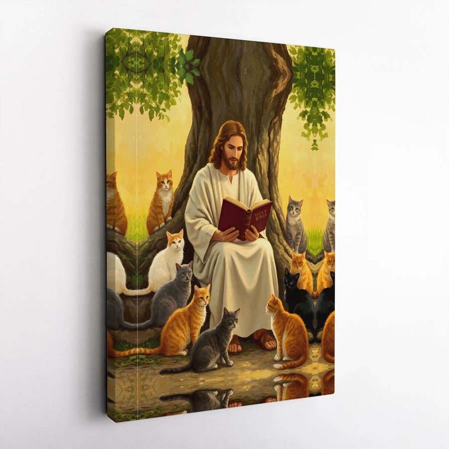 Jesus Reading Bible with Cats Canvas Art | Whimsical Religious Wall Decor | Premium Fade-Resistant Print | Spiritual Home Gift for Cat Lovers