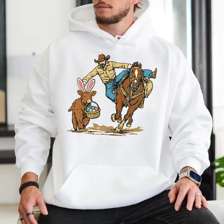 Western Cowboy Easter Hoodie | Riding Horse Bunny Rabbit Graphic | Cotton Blend Premium Pullover | Spring Holiday Gift for Him or Her