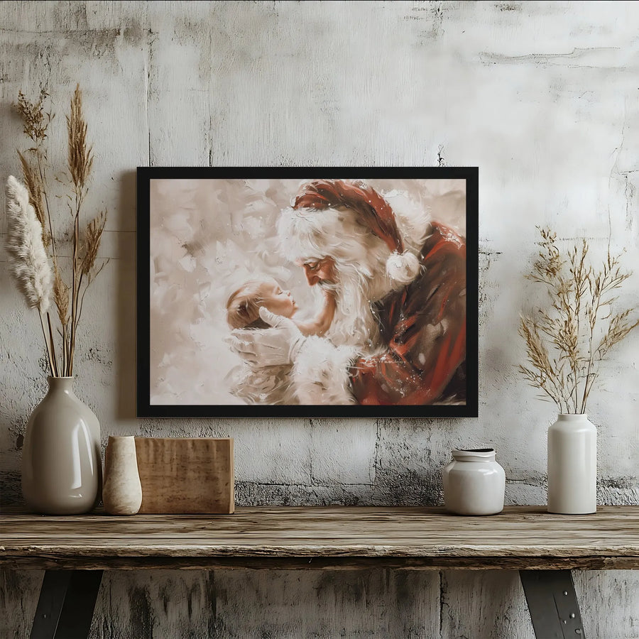 Santa Claus Holding Baby Canvas Wall Art | Impressionist Oil Painting Style | Premium Gallery Wrap Print | Heartfelt Christmas Holiday Home Decor Gift