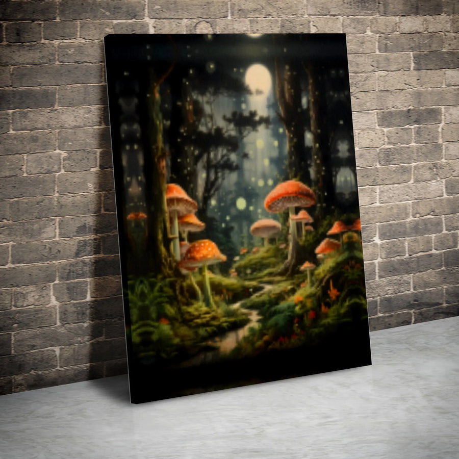 Enchanted Forest Mushroom Wall Art | Glowing Woodland Moonscape Canvas | Gallery Wrap Premium Print | Whimsical Home Decor Gift