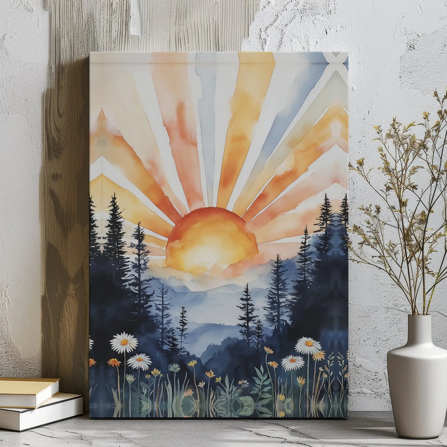Watercolor Sunrise Forest Canvas Art | Mountain Wildflower Meadow Print | Premium Gallery Wrap Wall Decor | Nature Lovers Gift For Home