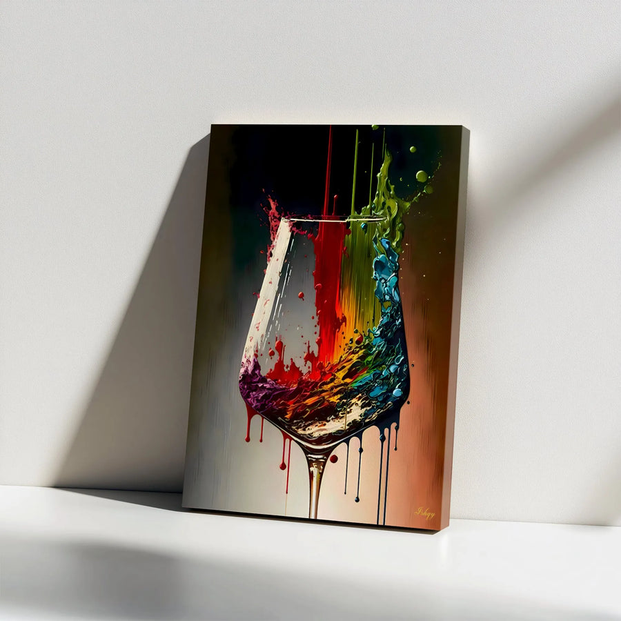 Abstract Wine Glass Canvas Print | Colorful Dripping Paint Wall Art | Premium Gallery Wrapped Decor | Modern Bar & Kitchen Gift