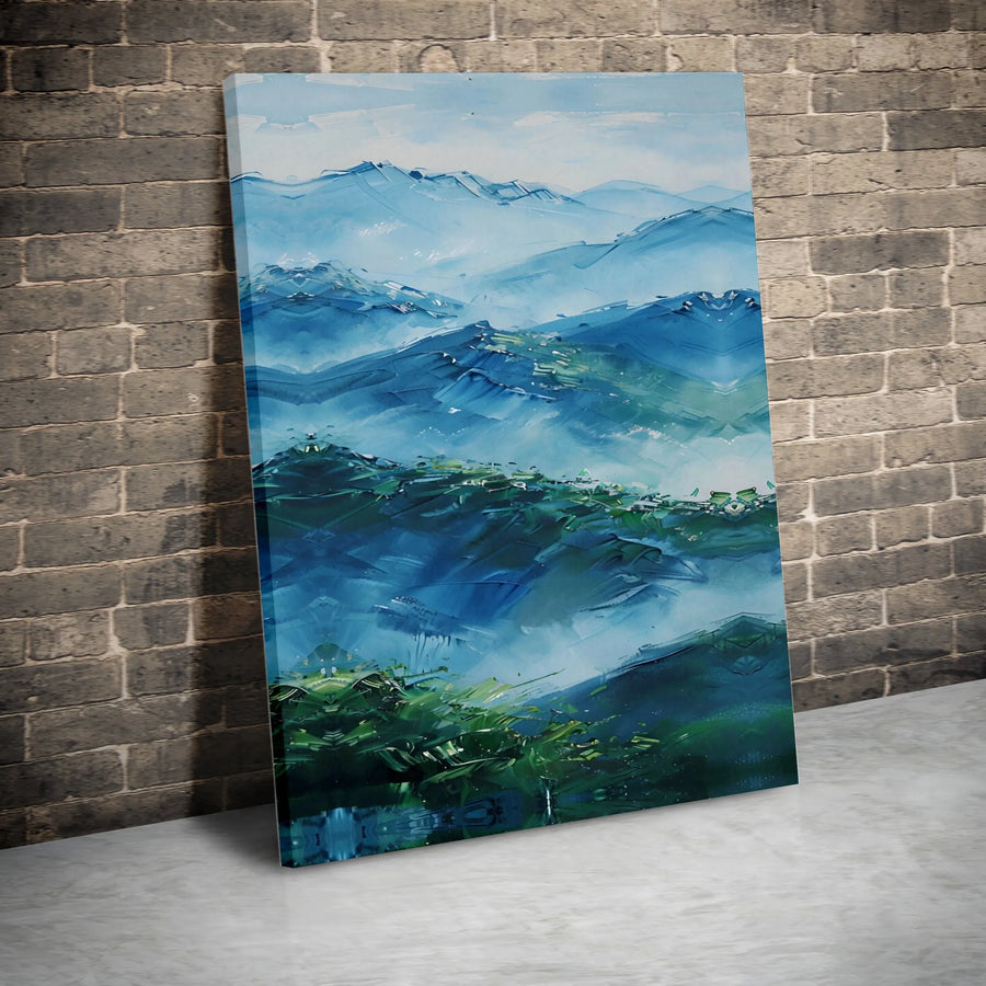 Abstract Blue Mountain Canvas Wall Art | Foggy Mist Landscape Print | 1.25-Inch Premium Gallery Wrap | Modern Home Office Decor Gift