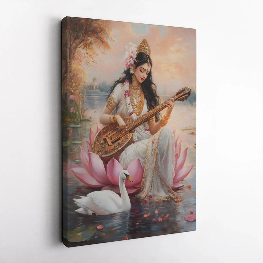 Goddess Saraswati Canvas Art | Hindu Deity Playing Veena on Lotus | Premium Gallery Wrap Wall Decor | Spiritual Home Gift for Devotees